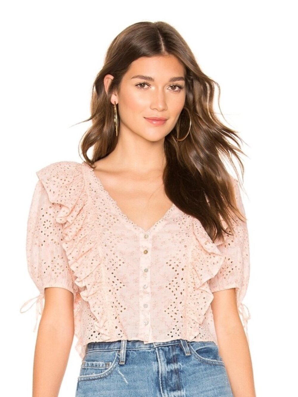 LoveShackFancy Kim Cotton Eyelet Ruffle Top Pink Parfait XS Puff Sleeve Cropped